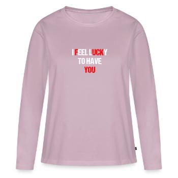 Je me sens chanceux de t’avoir - va te faire foutre - T-shirt manches longues Premium bio Femme - rose poudré - Devant - Julia (174cm)