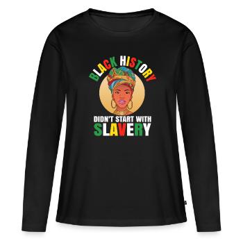 L’histoire des Noirs n’a pas commencé avec l’esclavage - T-shirt manches longues Premium bio Femme - noir - Devant - Julia (174cm)