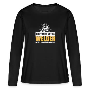 Avertissement au soudeur – Experts avec des torches - T-shirt manches longues Premium bio Femme - noir - Devant - Julia (174cm)