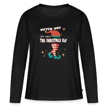 hier kommen die passenden Weihnachtselfen-Feiertagssets - Frauen Premium Bio Langarmshirt - Schwarz - Vorne - Julia (174cm)