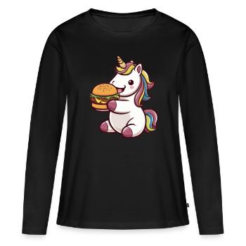 Kawaii Einhorn isst Hamburger - Frauen Premium Bio Langarmshirt - Schwarz - Vorne - Julia (174cm)