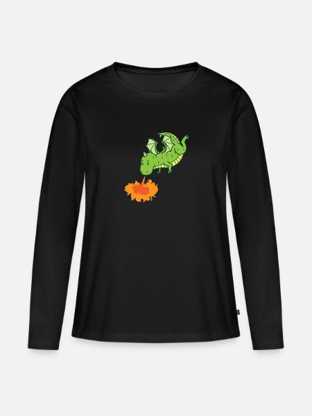 Drache spuckt Feuer Fabelwesen Märchen - Frauen Premium Bio Langarmshirt - Schwarz