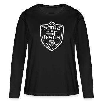 Produit protégé par Jésus pour les chrétiens - T-shirt manches longues Premium bio Femme - noir - Devant - Julia (174cm)