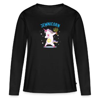 Jewnicorn-Einhorn, lustiges glückliches Chanukka - Frauen Premium Bio Langarmshirt - Schwarz - Vorne - Julia (174cm)