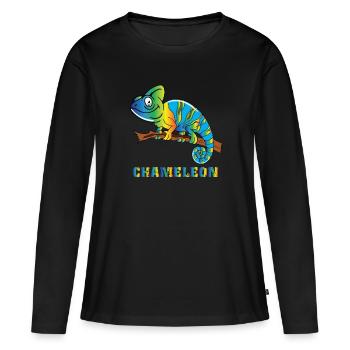 Buntes Chamäleon mit Buntem Schriftzug - Frauen Premium Bio Langarmshirt - Schwarz - Vorne - Julia (174cm)