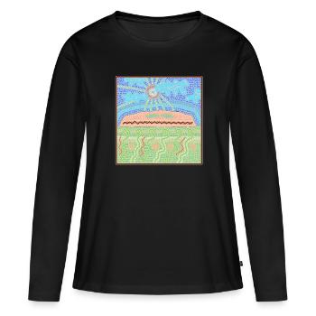 Art aborigène autralien d’Aires Rock - T-shirt manches longues Premium bio Femme - noir - Devant - Julia (174cm)