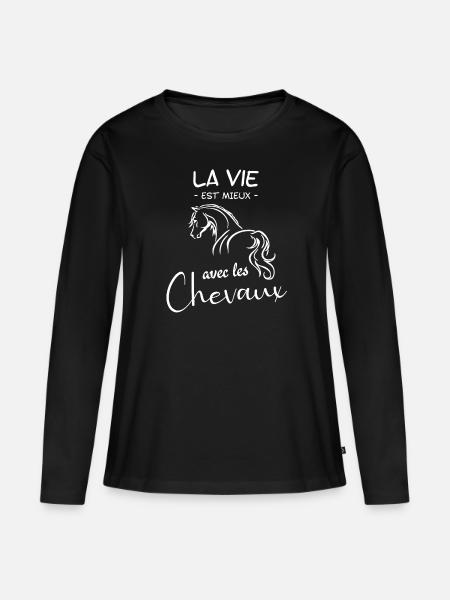 La Vie Est Mieux Avec Les Chevaux cadeau cavalier - T-shirt manches longues Premium bio Femme - noir