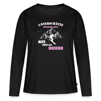 Skifahrerin, Alte Frau auf Skiern - Frauen Premium Bio Langarmshirt - Schwarz - Vorne - Julia (174cm)