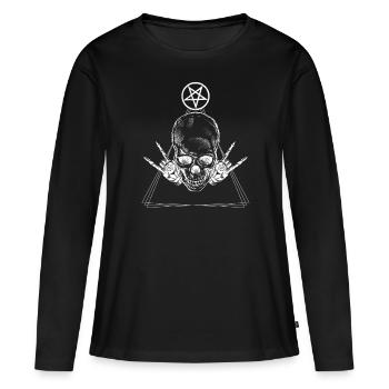 Metalskull mit Satankreuz Totenkopf und Devil Horn - Frauen Premium Bio Langarmshirt - Schwarz - Vorne - Julia (174cm)