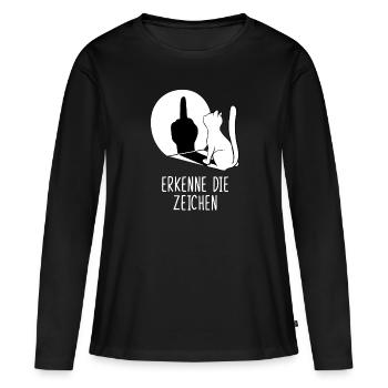 Erkenne die Zeichen Katze Mittelfinger - Frauen Premium Bio Langarmshirt - Schwarz - Vorne - Julia (174cm)