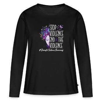 Stop à la violence en | Sensibilisation à la violence domestique - T-shirt manches longues Premium bio Femme - noir - Devant - Julia (174cm)