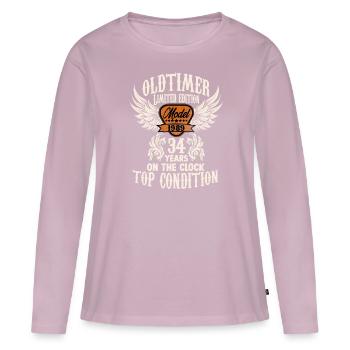 Parodie Anniversaire Motif 34 ans Oldtimer Rocker - T-shirt manches longues Premium bio Femme - rose poudré - Devant - Julia (174cm)