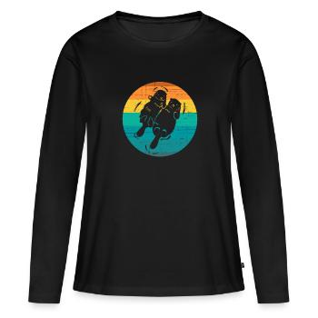 Otter Paar Schwimmen Sunset Retro Vintage Design - Frauen Premium Bio Langarmshirt - Schwarz - Vorne - Julia (174cm)