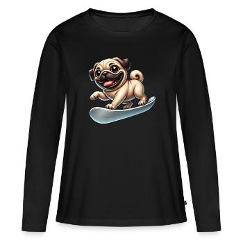 Lustiger Mops auf dem Snowboard im Winterurlaub - Frauen Premium Bio Langarmshirt - Schwarz - Vorne - Julia (174cm)