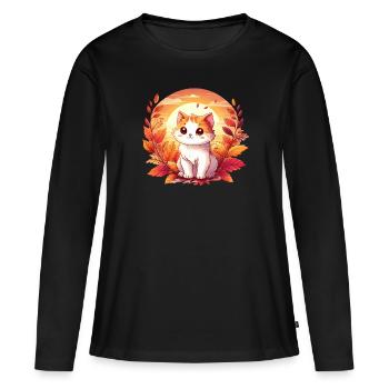 Herbstkatze auf buntem Laub: Ein entspannendes und - Frauen Premium Bio Langarmshirt - Schwarz - Vorne - Julia (174cm)