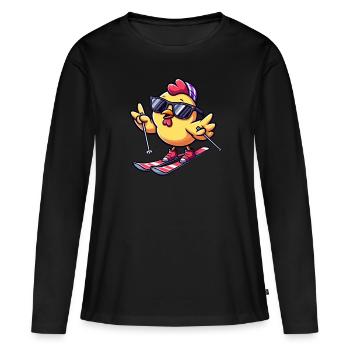 Winterurlaub mit Huhn beim Skifahren - Frauen Premium Bio Langarmshirt - Schwarz - Vorne - Julia (174cm)
