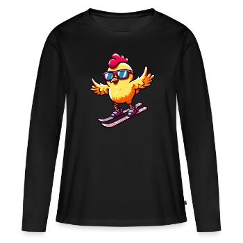 Ski fahrendes Huhn im Winterurlaub - Frauen Premium Bio Langarmshirt - Schwarz - Vorne - Julia (174cm)