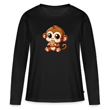 Un singe chimpanzé grignote des biscuits - T-shirt manches longues Premium bio Femme - noir - Devant - Julia (174cm)