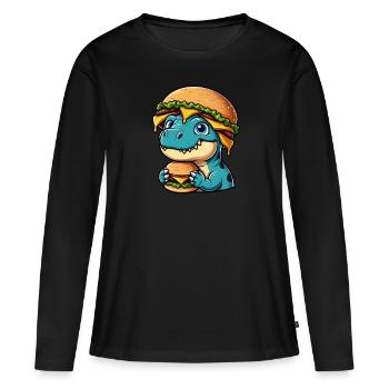 Dino T-Rex satisfait avec Hamburger Cheeseburger - T-shirt manches longues Premium bio Femme - noir - Devant - Julia (174cm)