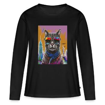 Urban Cat with Rainbow Shades - Frauen Premium Bio Langarmshirt - Schwarz - Vorne - Julia (174cm)