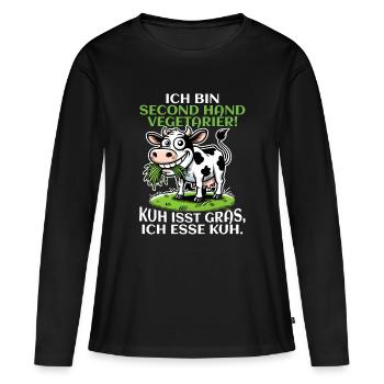 Ich bin Second Hand Vegetarier - Kuh Meme - Frauen Premium Bio Langarmshirt - Schwarz - Vorne - Julia (174cm)