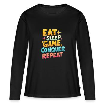 MANGER, DORMIR, JOUER, CONQUÉRIR, RÉPÉTER - T-shirt manches longues Premium bio Femme - noir - Devant - Julia (174cm)