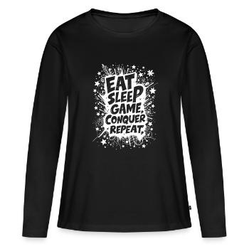MANGER, DORMIR, JOUER, CONQUÉRIR, RÉPÉTER - T-shirt manches longues Premium bio Femme - noir - Devant - Julia (174cm)