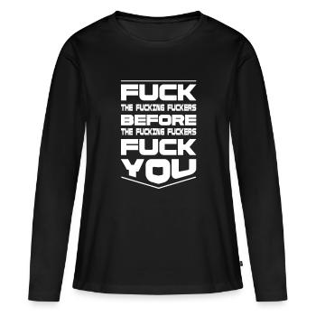 Fuck ces putains de salauds - design provocateur - T-shirt manches longues Premium bio Femme - noir - Devant - Julia (174cm)
