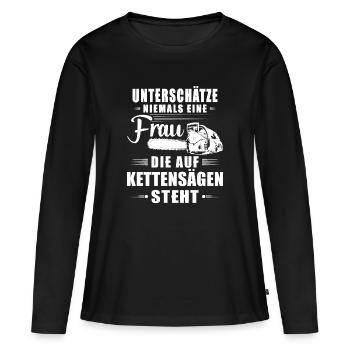 Lumberjath Shirt - Woman stands on chainsaws - Women's Premium Organic Long Sleeve Shirt - black - Front - Julia (174cm)