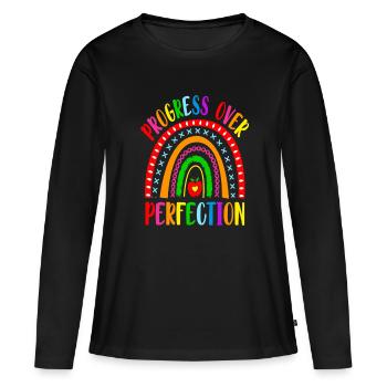 Rainbow Progress Over Perfection Motivational - Frauen Premium Bio Langarmshirt - Schwarz - Vorne - Julia (174cm)