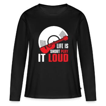 La vie est courte, jouez-la fort / guitare vinyle basse - T-shirt manches longues Premium bio Femme - noir - Devant - Julia (174cm)