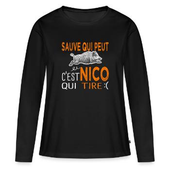 c'est Nico qui tire Humour Nicolas Nicole Chasse - T-shirt manches longues Premium bio Femme - noir - Devant - Julia (174cm)