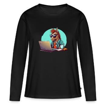 Horse Power CEO - Café et ordinateur portable en entreprise - T-shirt manches longues Premium bio Femme - noir - Devant - Julia (174cm)