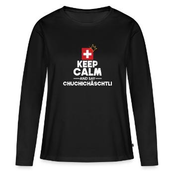 Keep calm and say cadeau CHUCHICHCHTLI - T-shirt manches longues Premium bio Femme - noir - Devant - Julia (174cm)