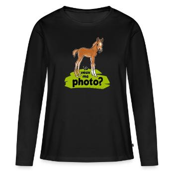 Poulain TU veux ma photo (textiles foncés) - T-shirt manches longues Premium bio Femme - noir - Devant - Julia (174cm)