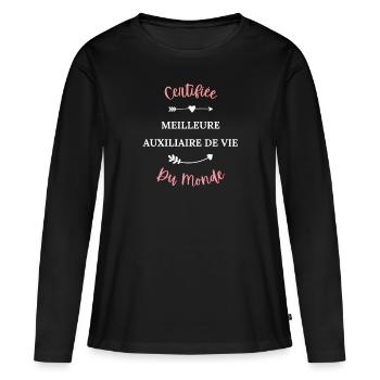 Certifiée meilleure auxiliaire de vie - T-shirt manches longues Premium bio Femme - noir - Devant - Julia (174cm)
