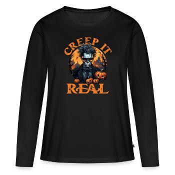 Creepy Pumpkin Halloween Design « Creep it Real » - T-shirt manches longues Premium bio Femme - noir - Devant - Julia (174cm)