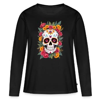 Mexikanischer Schädel Zuckerschädel Calavera Blüten - Frauen Premium Bio Langarmshirt - Schwarz - Vorne - Julia (174cm)