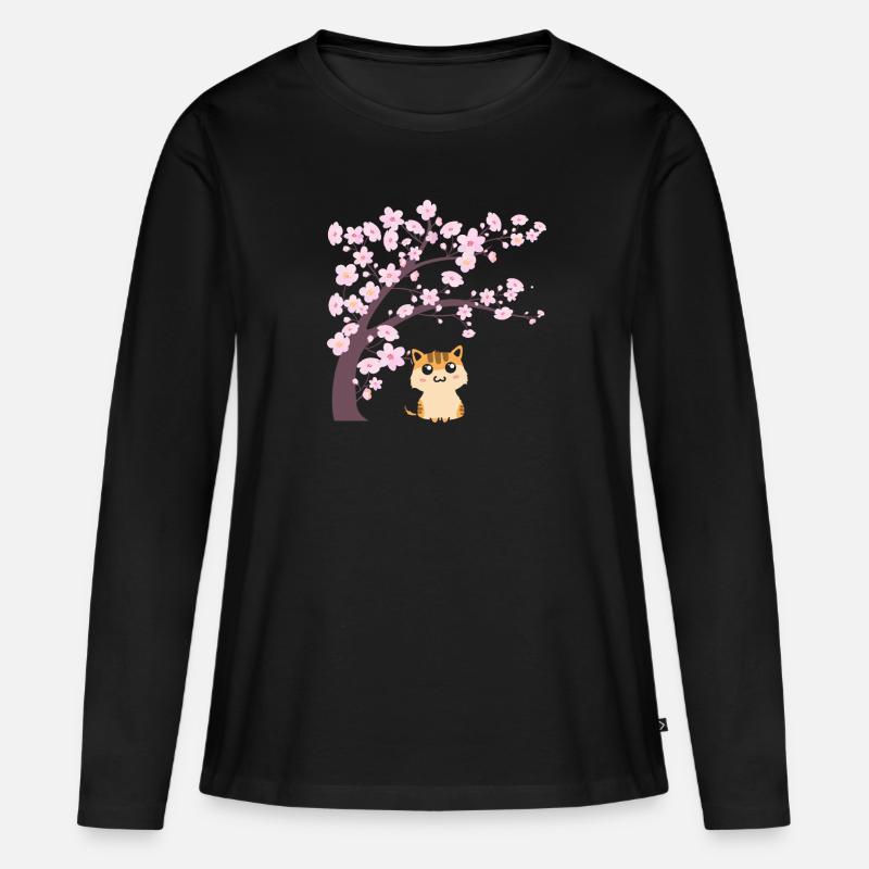 Kirschblüte Katze Japanisch Kätzchen Sakura - Frauen Premium Bio Langarmshirt - Schwarz