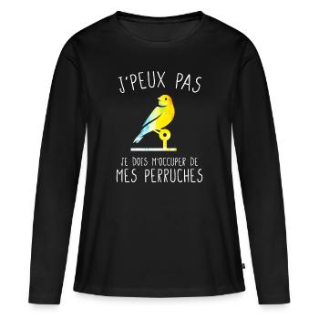 J'peux pas humour drôle perruche oiseaux cadeau - T-shirt manches longues Premium bio Femme - noir - Devant - Julia (174cm)