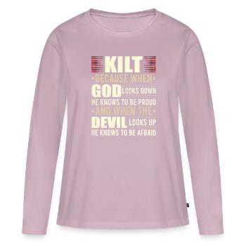 Kilt écossais disant jupe écossaise Écosse - T-shirt manches longues Premium bio Femme - rose poudré - Devant - Julia (174cm)