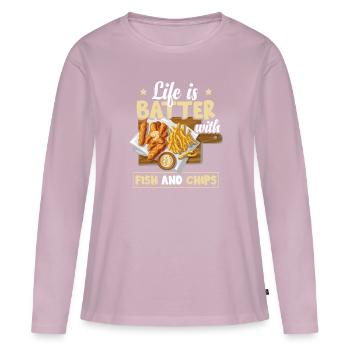 La vie est battue avec du fish and chips - T-shirt manches longues Premium bio Femme - rose poudré - Devant - Julia (174cm)