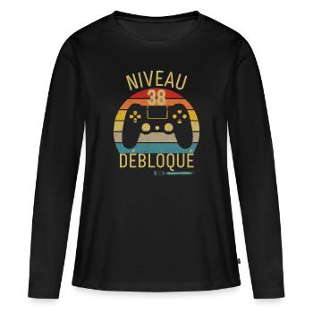 Niveau 38 Débloqué - T-shirt manches longues Premium bio Femme - noir - Devant - Julia (174cm)