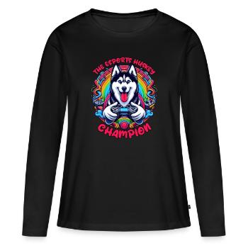 Power Play Pup - Le champion Esports Husky - T-shirt manches longues Premium bio Femme - noir - Devant - Julia (174cm)