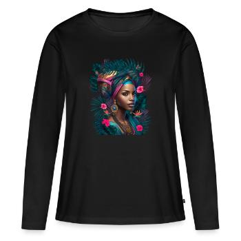Belle Femme Fière Africaine Fleurs Tropicales - T-shirt manches longues Premium bio Femme - noir - Devant - Julia (174cm)