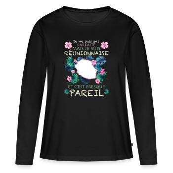 Femme Réunionnaise Cadeau île de La Réunion - T-shirt manches longues Premium bio Femme - noir - Devant - Julia (174cm)