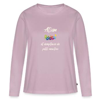 Atsem et dompteuse de petits monstres rigolos - T-shirt manches longues Premium bio Femme - rose poudré - Devant - Julia (174cm)