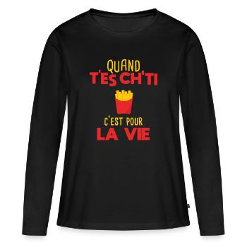 Chti cadeau humour ch'ti frite - T-shirt manches longues Premium bio Femme - noir - Devant - Julia (174cm)