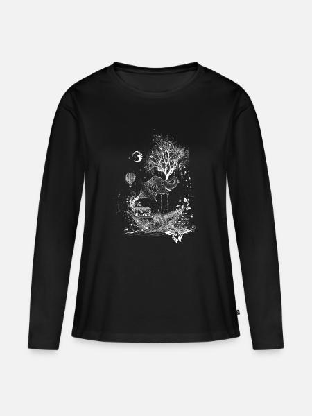 Elefant,Papierschiff und Baum- surreales Design - Frauen Premium Bio Langarmshirt - Schwarz