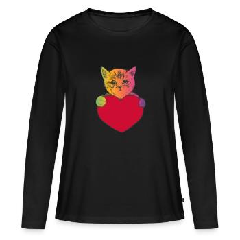 Colorful cat hugging a heart - Tabby Cat Stripes - Women's Premium Organic Long Sleeve Shirt - black - Front - Julia (174cm)